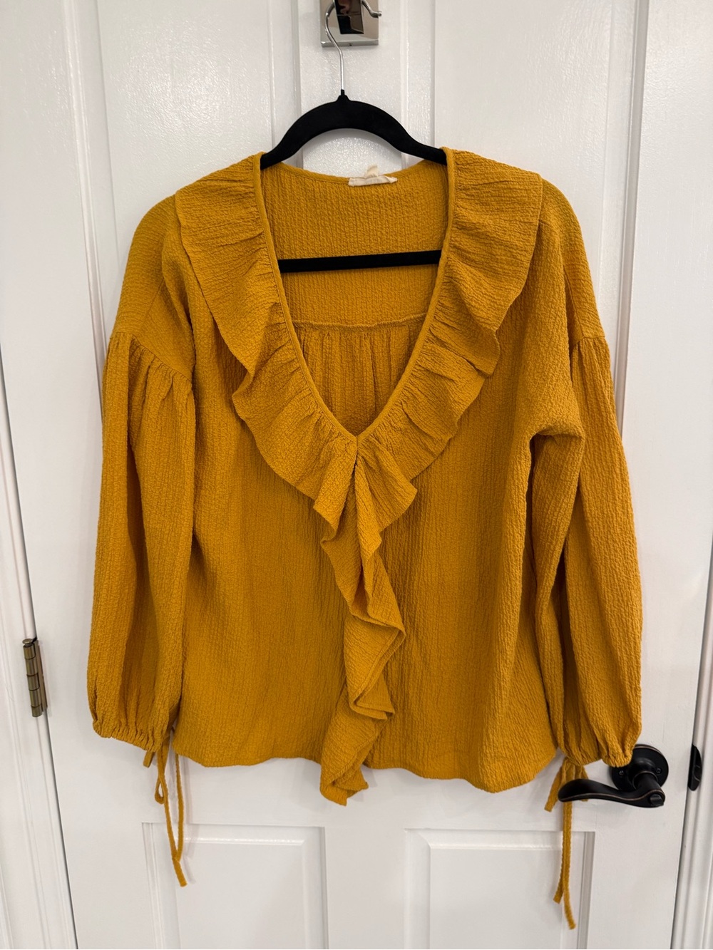 Easel Mustard Ruffle V-Neck Women's Blouse